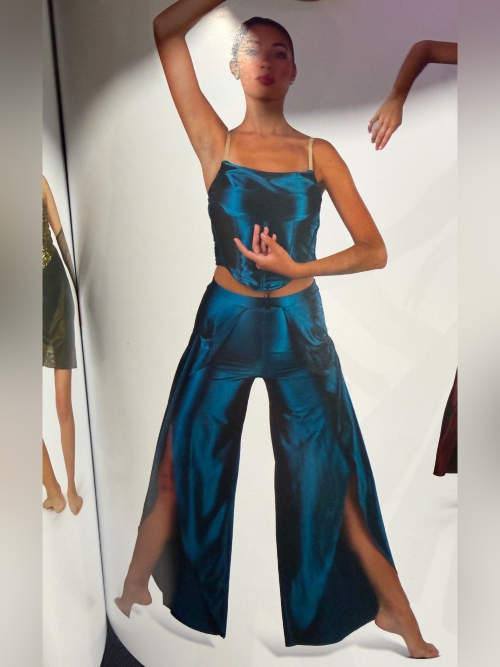 Teal Satin Wide-Leg Split Pant and top for Women